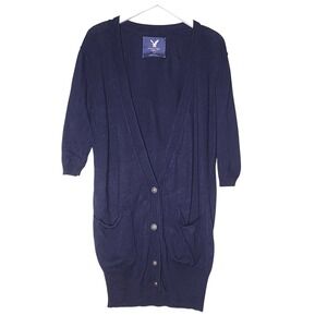 American Eagle Y2K Cardigan Sweater Navy Blue Knit Pocket V-Neck Prep Academia S